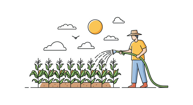 Dedicated farmer uses a garden hose to water rows of growing corn crops in a field under the warm summer sun.