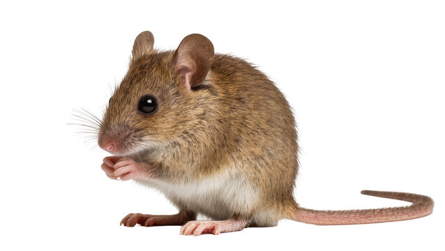 Small brown mouse with white belly sitting and holding paws