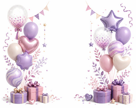 Purple balloons and gift boxes for birthday celebration