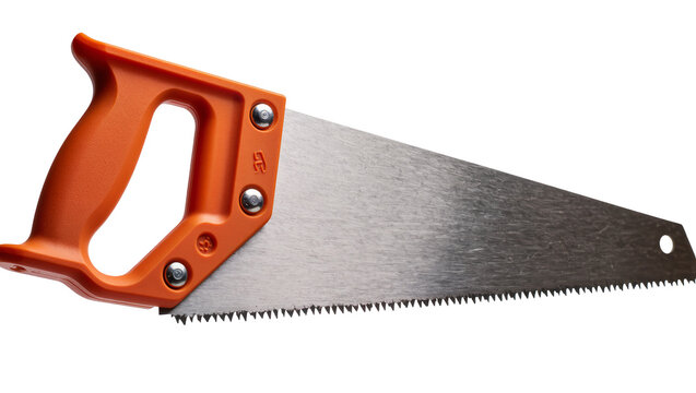 Orange handled hand saw with metal blade and sharp teeth