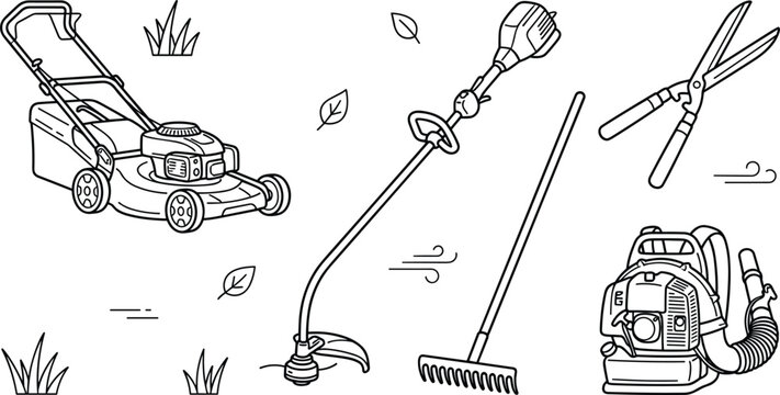 Garden tools outline vector icon set including lawn mower string trimmer leaf blower rake and shears,