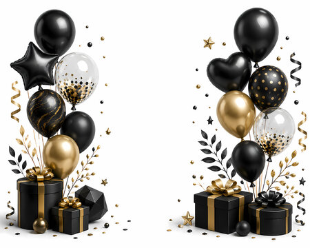 Black and gold balloons with gift boxes for celebration