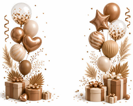 Brown and gold balloons with gift boxes for celebration