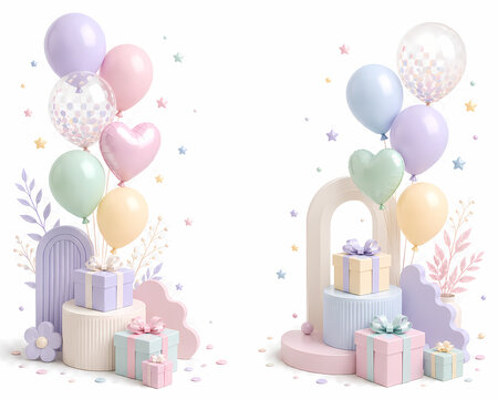 Pastel birthday balloons and gift boxes with confetti