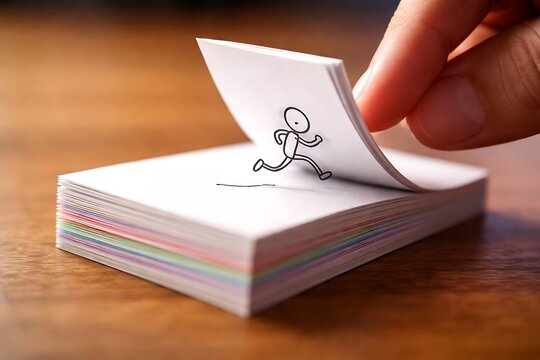 Stick Figure Running Animation on Flipbook with Hand Flipping Pages