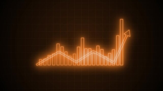 Neon-style histogram chart on black background with glowing edges, rising bars peaking mid-left then descending animation