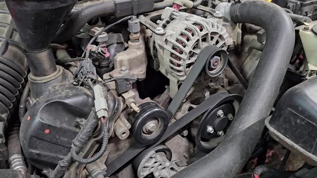 Close look at engine details and parts during maintenance in an auto shop to check components for wear and function