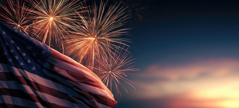 Waving flag against fiery sky with exploding fireworks