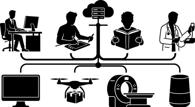 Cloud computing network connecting diverse professionals and smart technologies for digital transformation and business automation