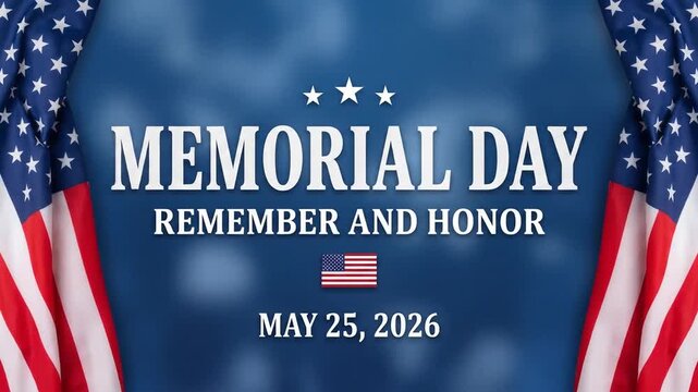 Memorial Day 2026 commemorative banner with American flags and blue background