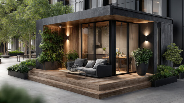 Modern backyard accessory dwelling unit with bifold doors opening to a lush garden, creating a seamless indoor outdoor living experience with minimalist architecture