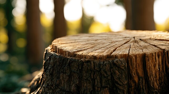 Close-up of a rough tree stump with rings, blurred forest background