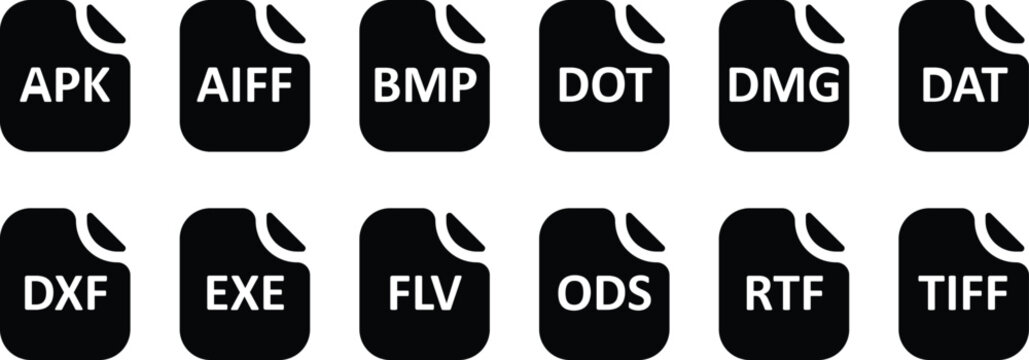 Set of file format icons black silhouette isolated on transparent background, file format illustration icon symbol sign.