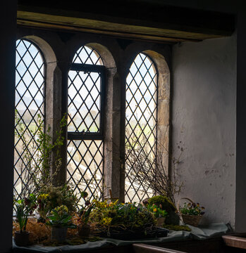 A traditional triple-arched window with stone mullions and leaded glazing, adorned with floral arrangements and potted plants on the sill inside the church