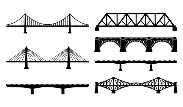Infrastructure Bridge Silhouette Vector Collection with Suspension Arch Truss Cable Stayed and Beam Bridges