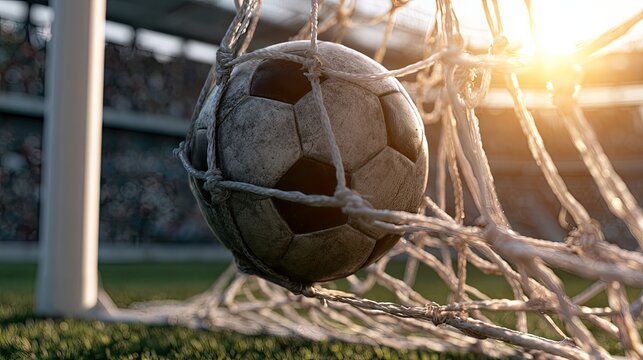 Close-up of a scuffed soccer ball caught in a net with stadium lights in the background
