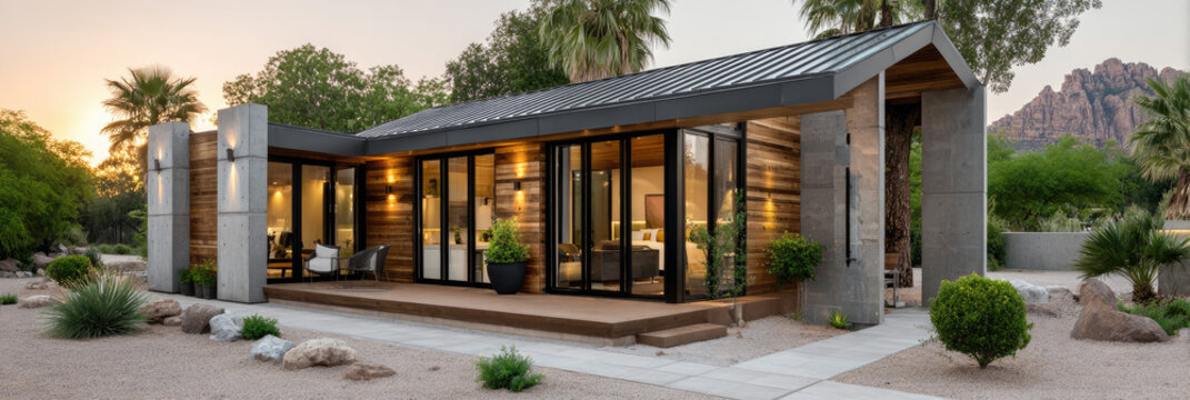 Modern backyard accessory dwelling unit with bifold doors opening to a lush garden, creating a seamless indoor outdoor living experience with minimalist architecture