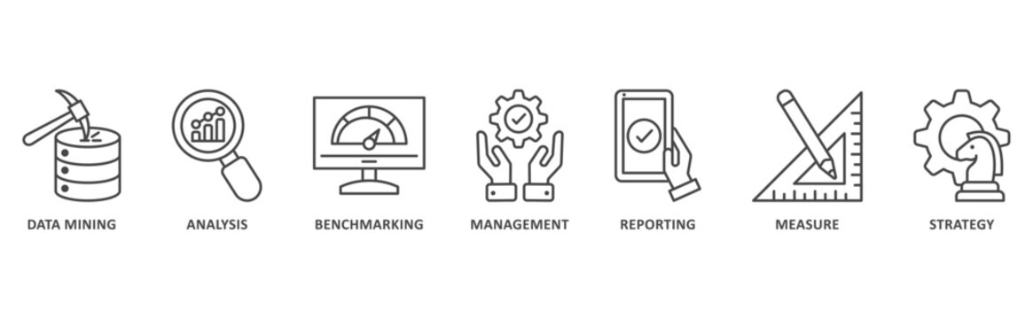 business intelligence banner web icon illustration with icon of data mining, analysis, benchmarking, management, reporting, measure, strategy