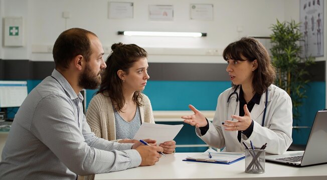 Female Doctor Consults a Couple in Hospital Office, Discussing Medical Diagnostics and Treatment Options. Couple Talking with Physician About IVF, Parenthood, Psychological Issues