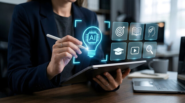 Person using a digital tablet with artificial intelligence technology icons and light bulb graphic for modern education and learning
