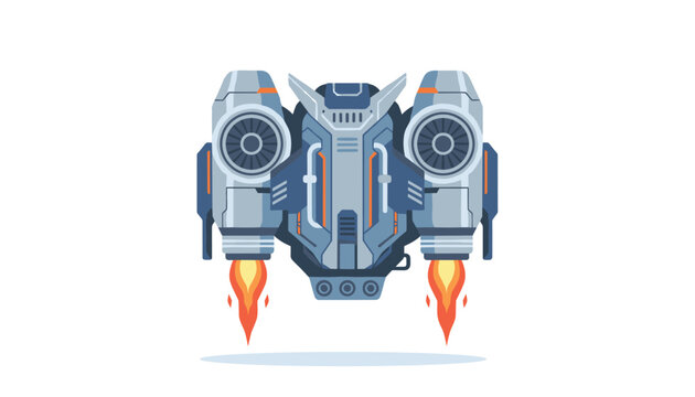 Sci-fi futuristic jetpack propulsion device flying upwards with metallic plates and bright rocket fire blasting from the twin thrusters.