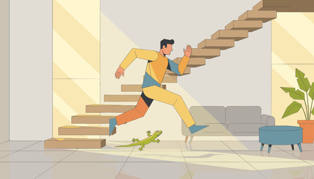 Stylized geometric runner sprints up modern indoor wooden stairs while chased by a funny green gecko lizard on the tiled floor.