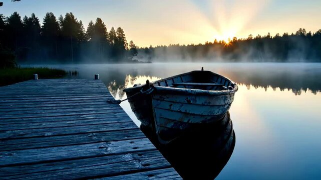Rustic wooden rowing boat moored at a timber pier, misty lake at sunrise with golden sunbeams, peaceful morning landscape on a calm forest pond