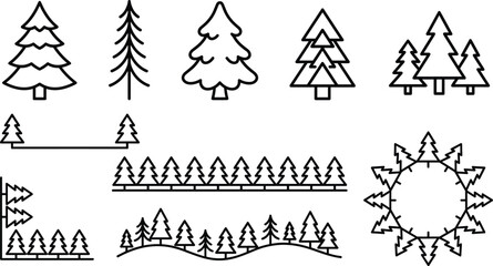 Stylized coniferous forest elements in a clean vector outline with ample copy space isolated on white background © Mdjillur