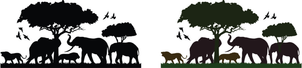 Wild animals and trees silhouettes on transparent background for safari or nature designs. © Ripon Sojib