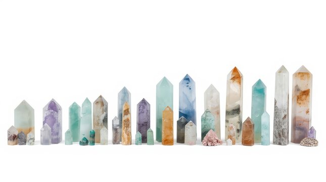 A diverse collection of polished mineral crystal towers and gemstone points arranged in a row by size against a clean seamless white studio background