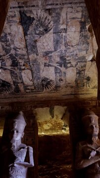 Ancient Egyptian wall paintings with detailed hieroglyphs and ritual scenes inside the Abu Simbel Temple, revealing sacred art, mythology, and preserved history. Egypt.