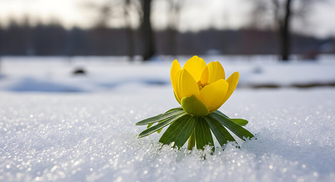 Yellow winter aconite flower blooming through fresh white snow in early spring