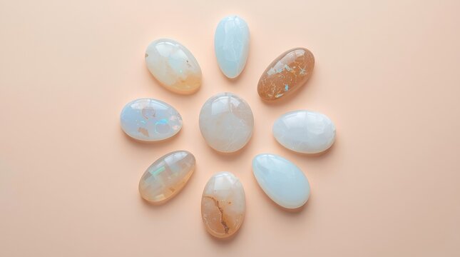 Collection of polished smooth opalite palm stones arranged in a symmetrical circular floral pattern on a soft pastel peach background for spiritual healing