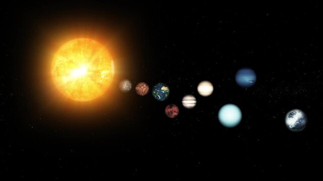 Animation of the solar system with the sun and planets lined up in space against a dark starry background