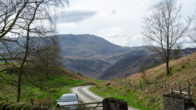 Harrison Stickle, Langdale Pikes in Lake District. View of mountains with a cloudy sky