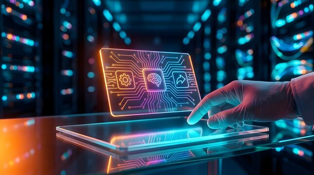 Scientist hand interacting with artificial intelligence holographic interface in a data center, symbolizing machine learning and advanced cybernetic research.