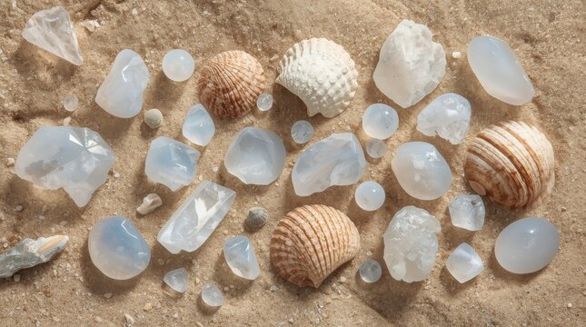 Flat lay composition of opalite crystals and seashells arranged on a sandy coastal background creating a serene natural texture for organic design projects