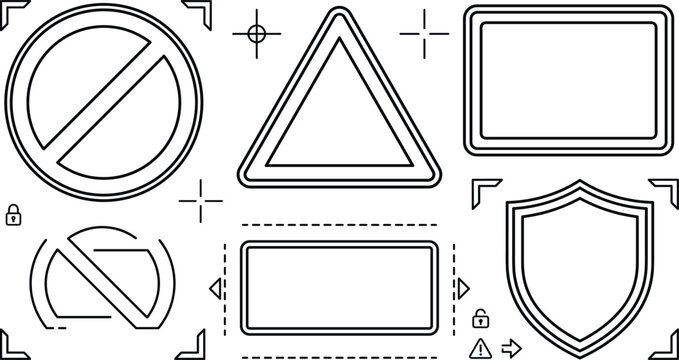 Blank road warning sign frames and security shield vector line icon template set collection