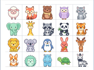 Fototapeta premium Cute Kawaii Animal Icon Collection, Set of 20 Flat Vector Illustrations
