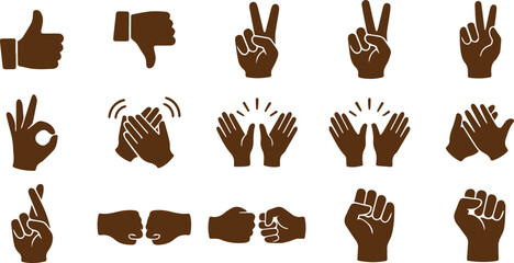 Hand gesture icon set, brown silhouette vector collection. Diverse human hand signs, communication symbols, and body language illustrations for web and app design. © Syed Awais