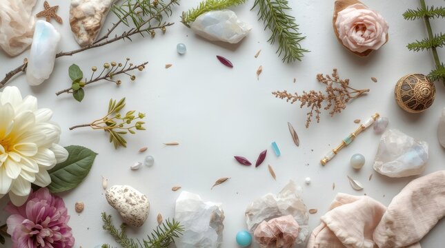 Flat lay composition with opalite crystals and delicate botanical elements featuring flowers and twigs arranged on a clean white background for spiritual decor