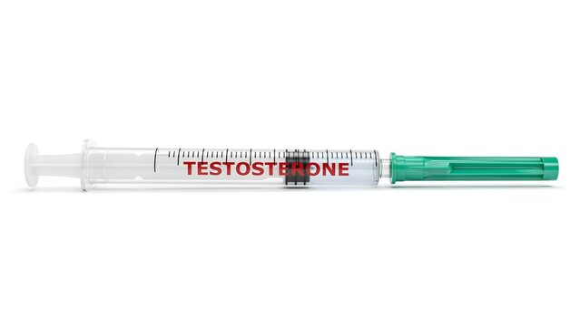Medical syringe labeled with red text for testosterone hormone therapy isolated on white background