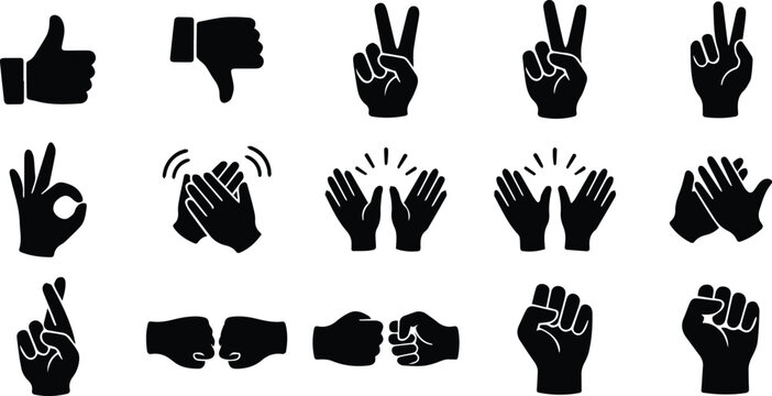 Black silhouette hand gestures vector icon set, diverse human hand signs for communication and interaction, modern graphic resource for web and app design