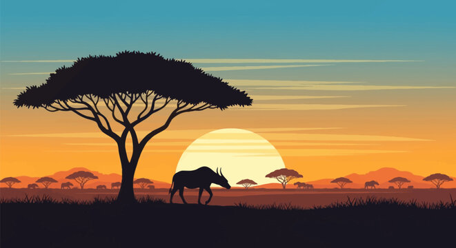 Vector illustration of an African savanna landscape at sunset with silhouettes of an acacia tree, a wildebeest, and various wild animals against a large setting sun and orange sky.