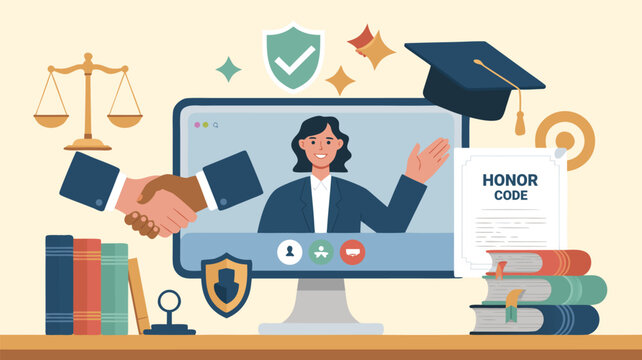 Online education and legal honor code concept with student on monitor.