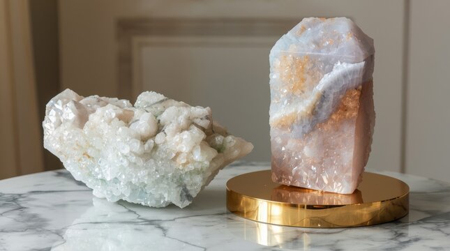 Luxury interior decor featuring a rough white quartz cluster and a polished banded agate tower displayed on a reflective gold stand over a marble table