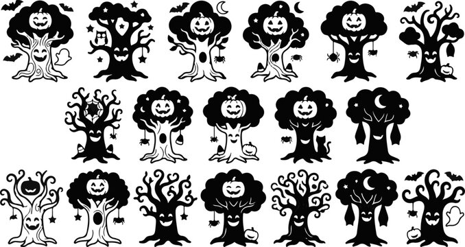 Halloween vector bundle 16 spooky jack o' lantern trees with bats stars and crescent moons for designs