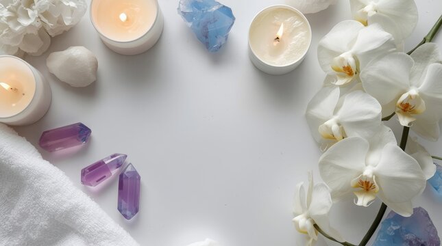 Luxury spa flat lay with white orchids candles and healing crystals on a clean background for wellness