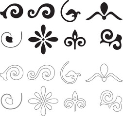 Decorative Scroll and Swirl Icons Set, Ornamental Flower Fleur de Lis Vector Illustration Solid and Outline © RafiqCreative