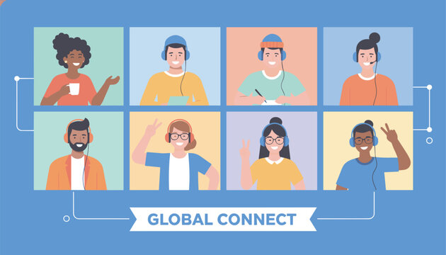 Grid of eight diverse professionals connecting in a video call interface labeled as global connect network.
